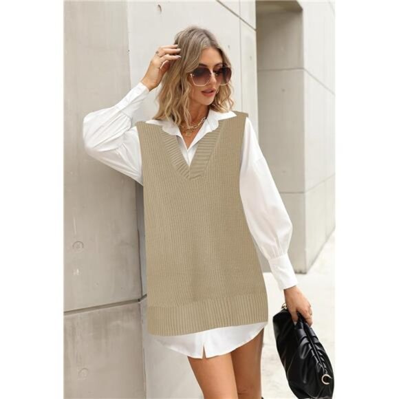 Women's Oversized V-Neck Sweater Vest – Tunic Sleeveless Knit Pullover Top - Picture 6 of 7